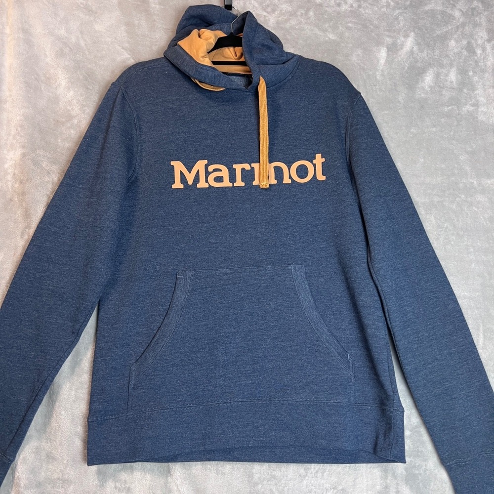 Marmot Mens Sweatshirt Logo‎ Pullover Hoodie Blue Tan Fleece  M 901067  Medium